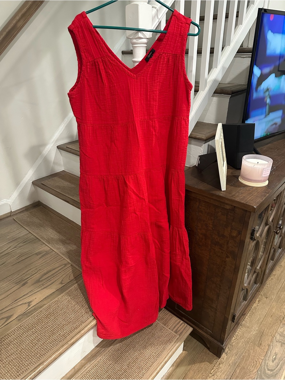 Quince Women's V-Neck Textured Red Tank Dress - Picture 4 of 4